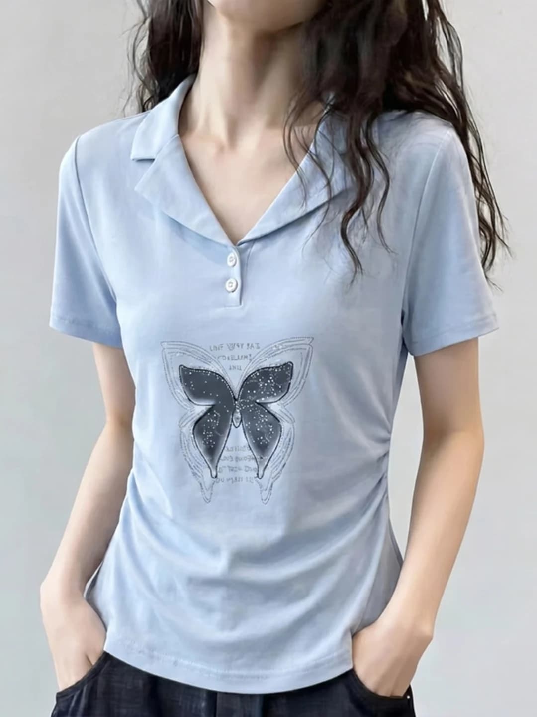 Korean Style Pure Cotton Short Sleeve T-Shirt Women Summer plus Size Slimming Beautiful Print Turn-down Collar Top