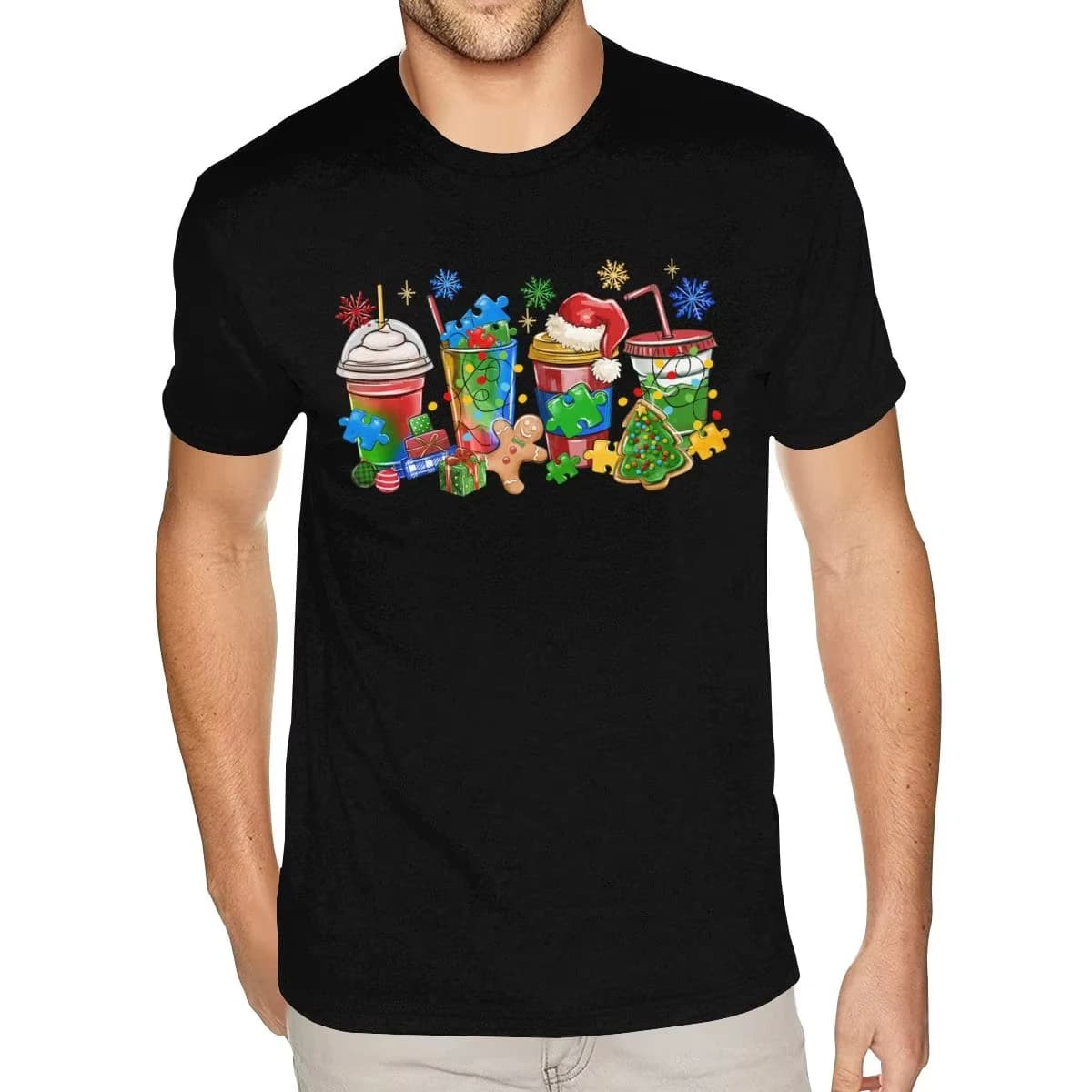 Short-sleeved Round-neck Cotton Christmas Coffee T-shirt for Autism Awareness in Autumn and Winter, Amazing Boyfriend T-shirt