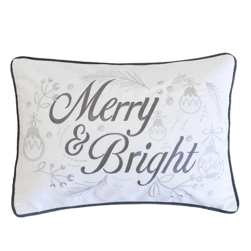 Set di 2 Cuscini Decorativi Natalizi in Velluto, 14x20", Bianco con Ricami Argentati