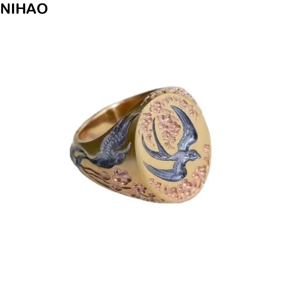 Sweet Elegant Enamel Floral Ring Light Luxury Vintage Finger Jewelry Exquisite Wild Duck Ring Ladies Jewelry
