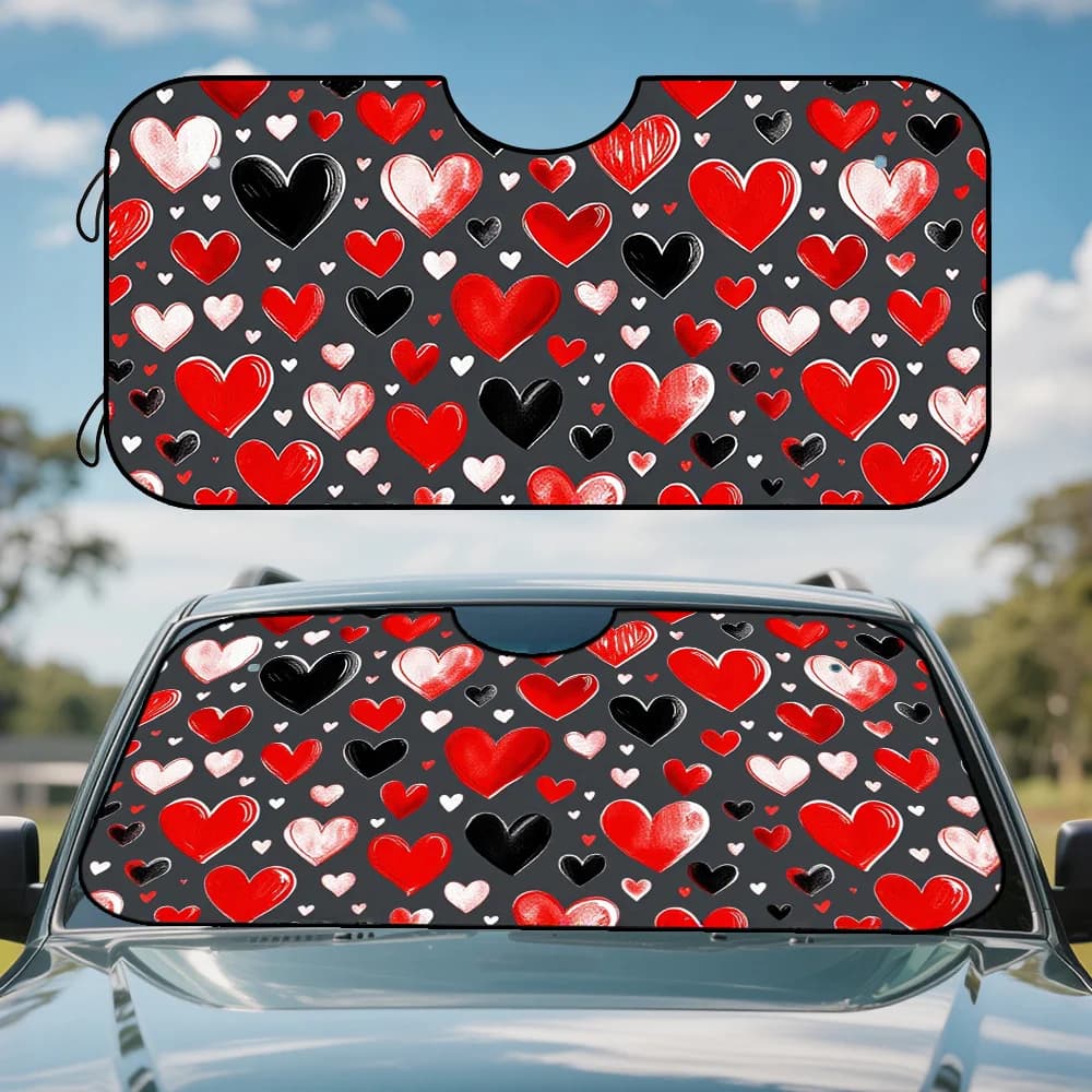 1pc Hearts Print Car Sunshade Visor - Polyester Windshield Cover With Red & Black Heart Design, Fit For Compact Cars & SUVs, Ide