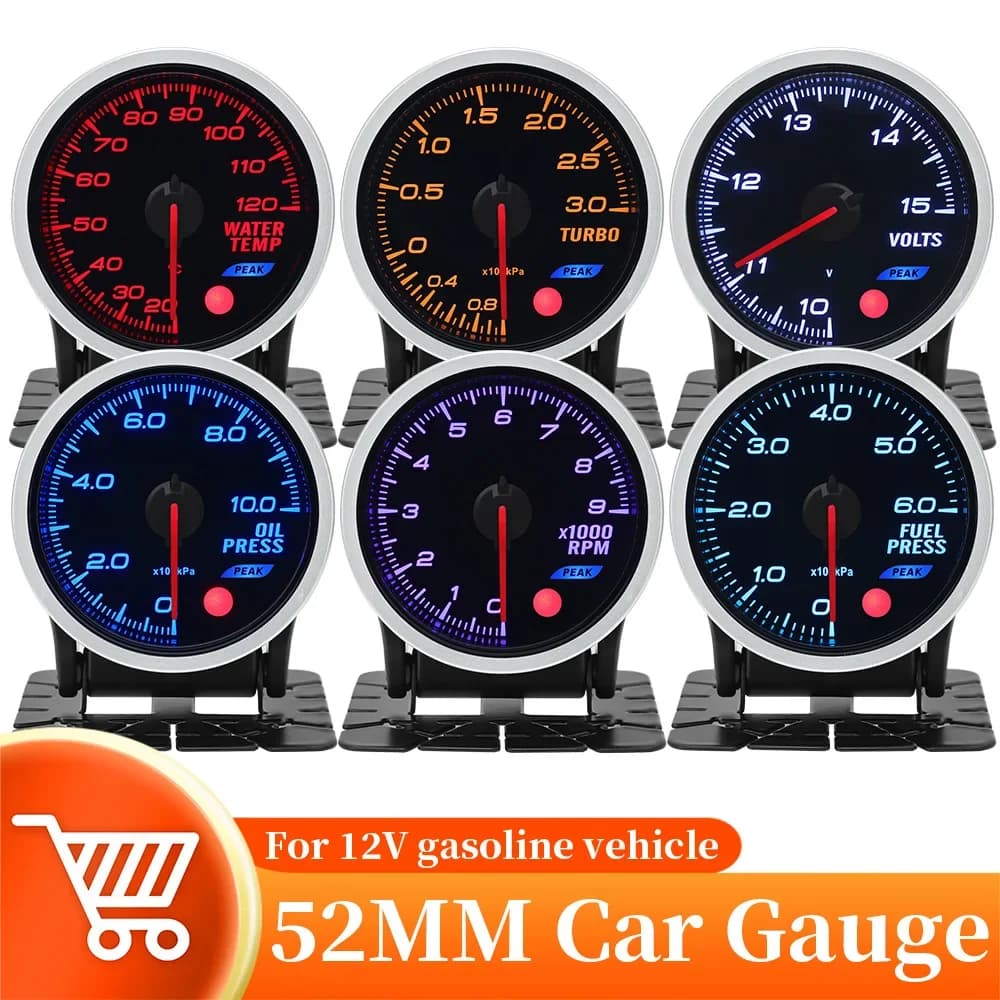 52MM Lente Fumo Turbo Boost Temperatura dell'acqua Temperatura dell'olio Pressione dell'olio RPM Contagiri Vuoto con sensori elettronici 12V