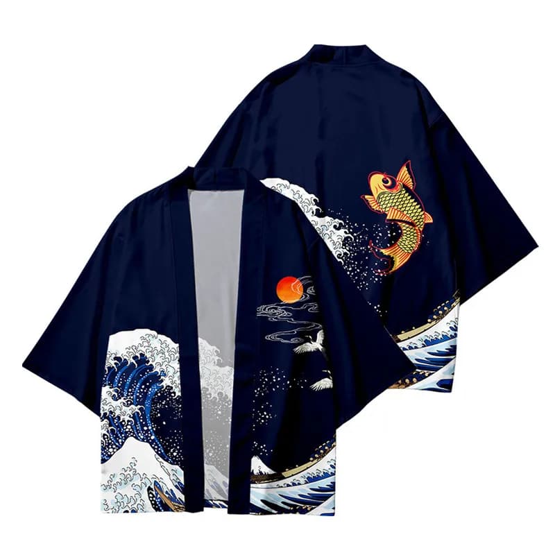 3 To 14 Years Kids Kimono Japanese Traditional Costume Boys Girl Wave Carp Print Haori Cardigan Jacket Children Beach Wear Cloak