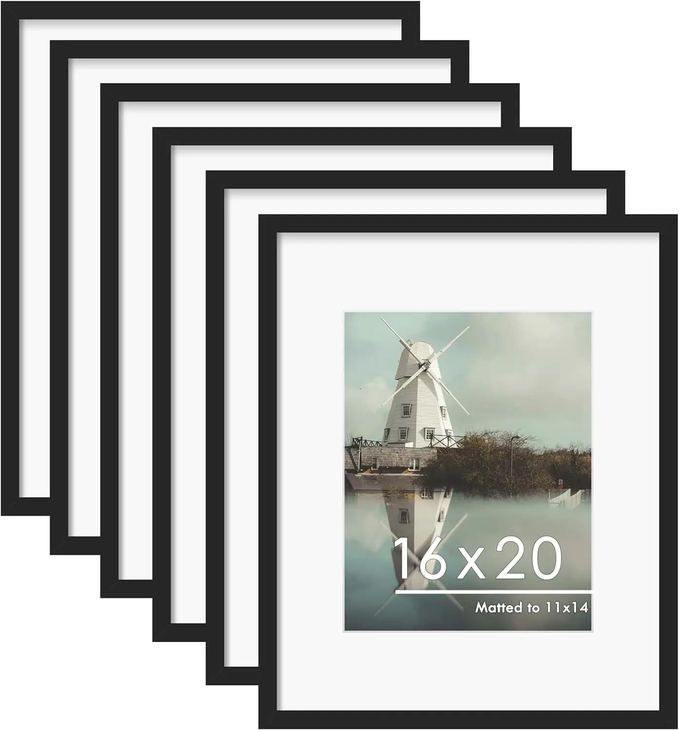 Set di 6 Cornici Nere, 16x20 con Passepartout per Foto 11x14, Espositori da Parete per Arredamento Casa