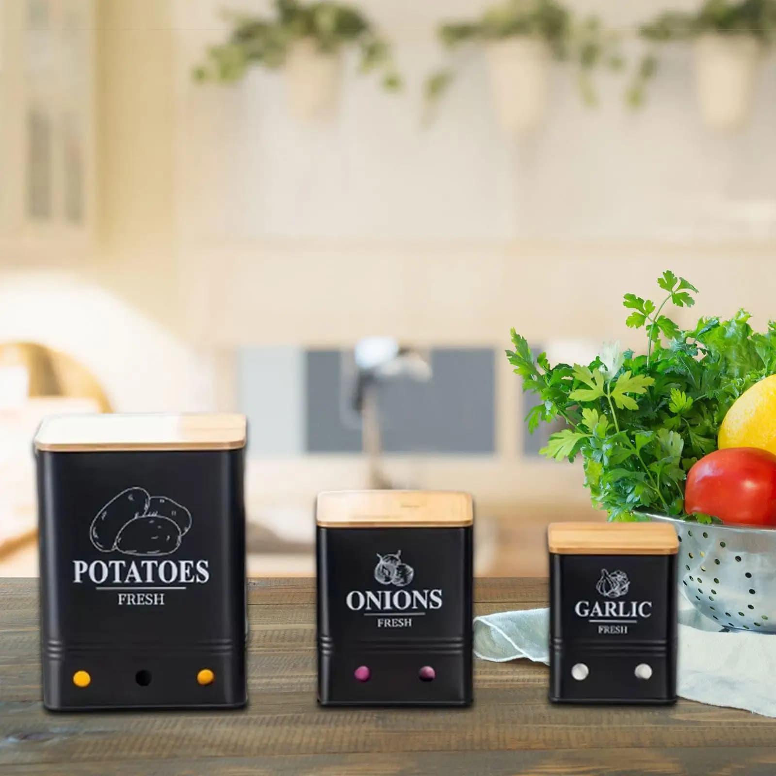 Set di contenitori per contenitori per patate, cipolle e aglio da 3 pezzi con fori di ventilazione Scatole per verdure portatili robuste e resistenti