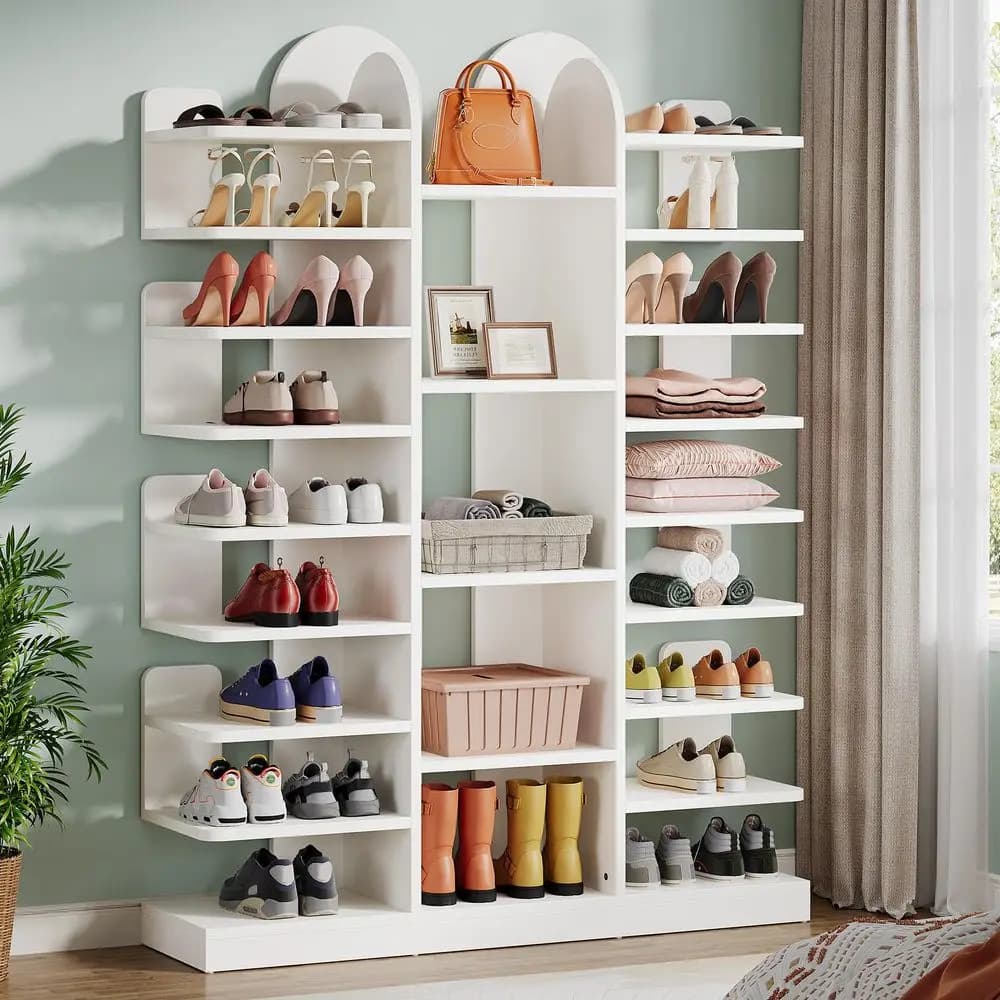 Scarpiera Bianca, Organizzatore per Scarpe da Ingresso a 13 Livelli, Autoportante e Alto, con Ripiani Aperti, Scaffale in Legno per 40 Paia di Scarpe