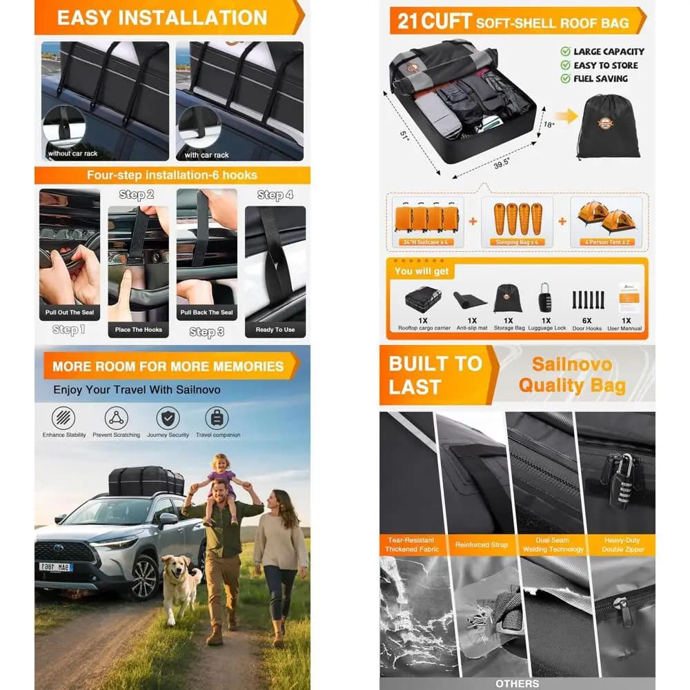 Waterproof roof load bag from 21 cubic feet for car with or without rack, includes anti-slip mat, luggage lock and 6 hooks for door