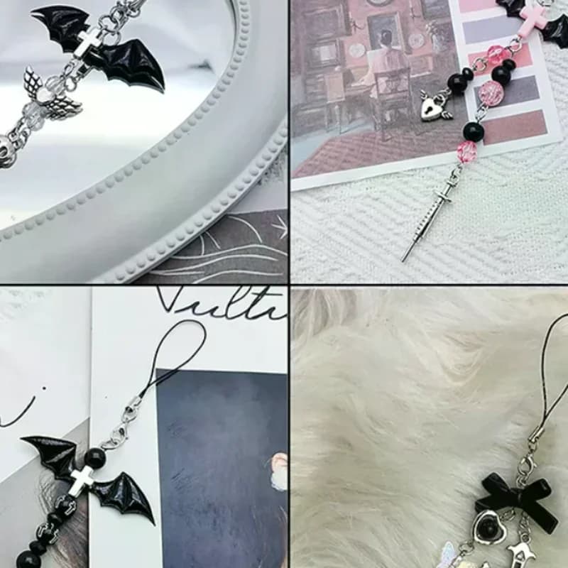 Ciondolo per telefono Black Punk Y2K, catenella con ciondoli a croce e farfalla, accessorio per borsa, cordino e portachiavi, stile cool e dolce.