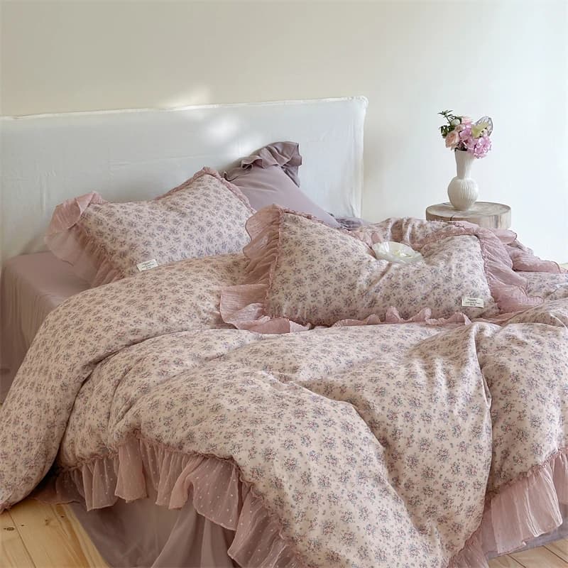 Set di biancheria da letto vintage francese con volant in pizzo floreale 100% cotone, copripiumino in filato a doppio strato, lenzuolo piatto/con angoli, federe, 4 pezzi