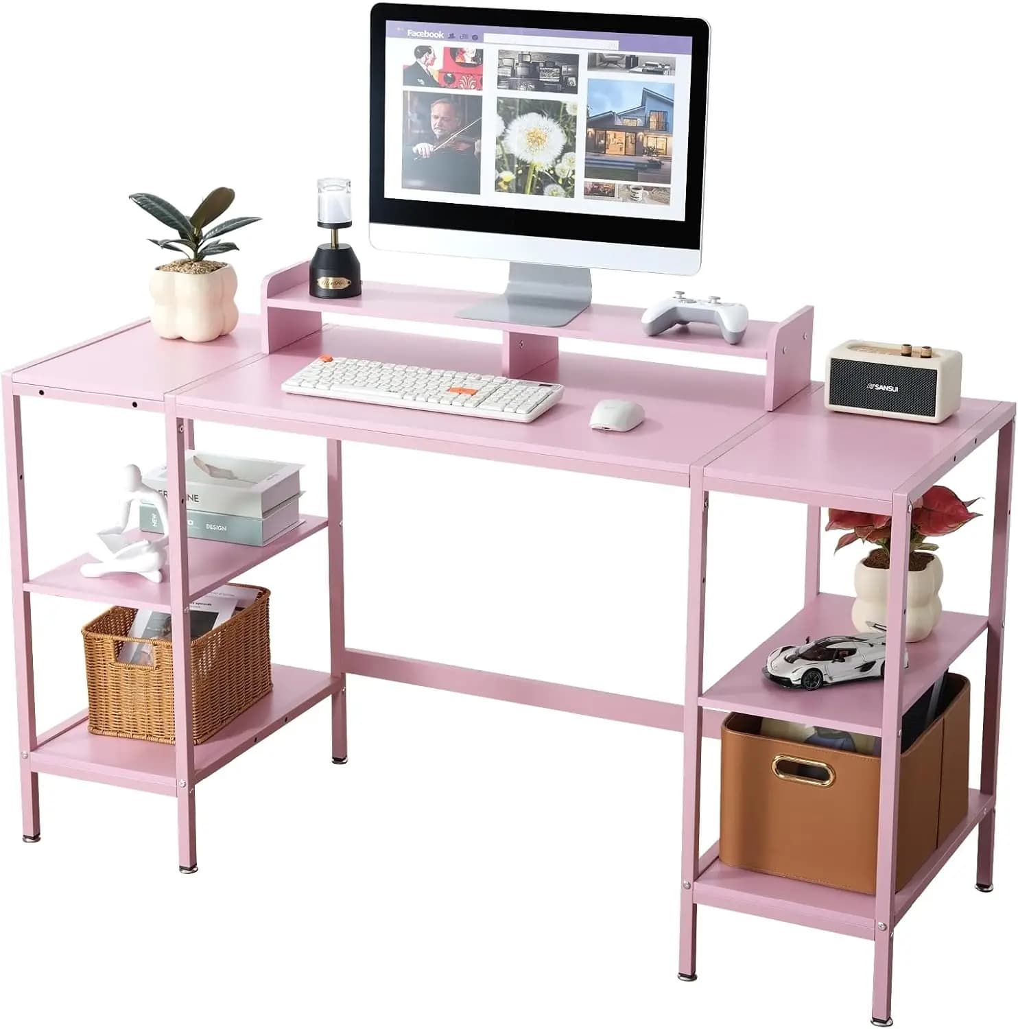 Scrivania da Gaming Rosa da 55 Pollici con Ripiano Portaoggetti - Tavolo Moderno per Computer per Camera da Letto, Ufficio Domestico e Piccoli Spazi