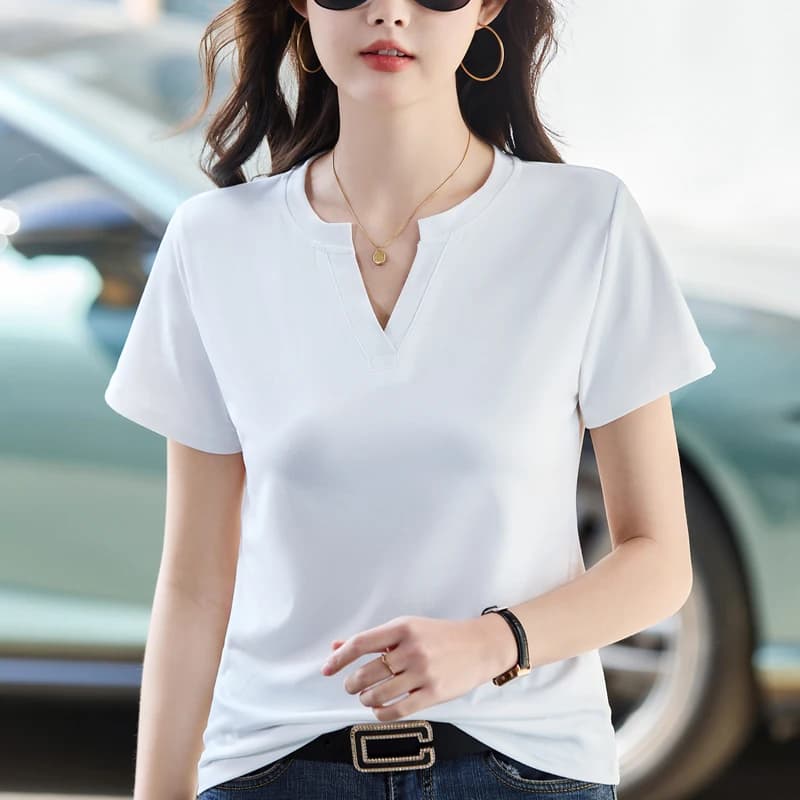 T-shirt Semplice Versatile a Maniche Corte, Nuova Collezione Estiva 2026, Tinta Unita, da Donna, Stile Coreano, Scollo a V, Slim, Elegante, Top Basico