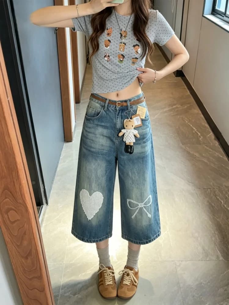 plus Size American Retro Heart Embroidery Wide Leg Jeans Women Summer Loose Knot Denim Pants Casual High Waist