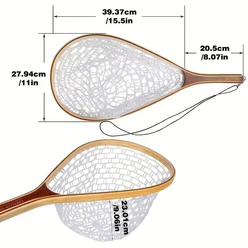 Guadino da Pesca a Mosca Goture Ultraleggero 380g - Rete in Gomma Impermeabile, Manico Ergonomico in Legno, Cordino a Sgancio Rapido per Cattura Pesci