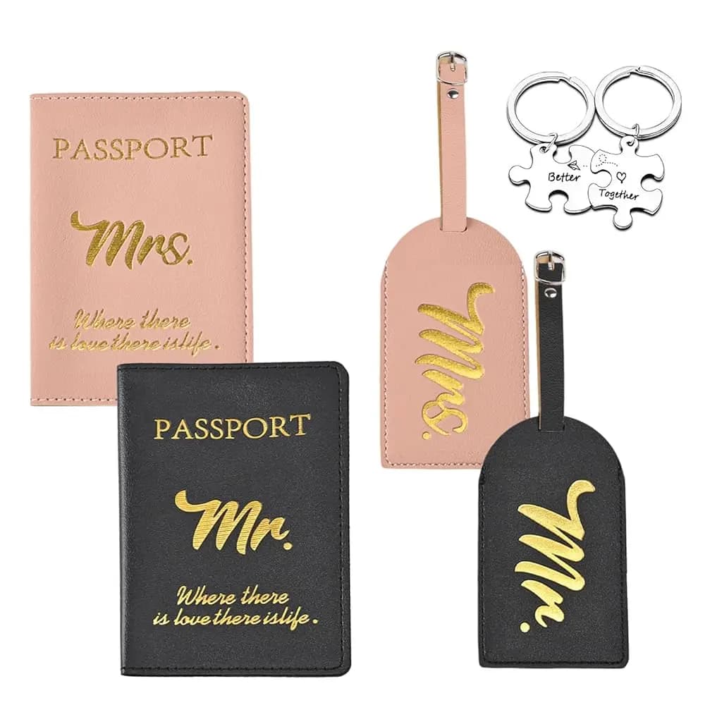 Set di 6 porta passaporti Mr e Mrs in pelle PU, copri passaporto neri e rosa, porta passaporto personalizzati, etichette per bagagli e