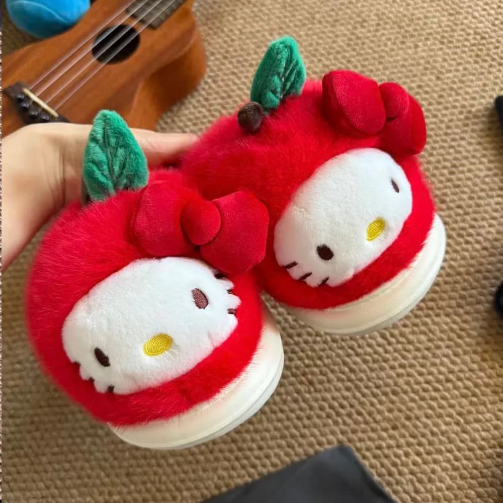 Hot Sale Kawaii Hello Kitty Cartoon Apple Plush Slippers Women Cute Red Fluffy Warm Winter Home Slides Non Slip Soft Sole
