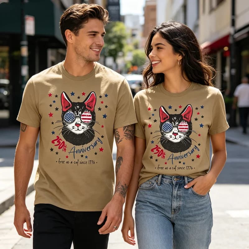 USA 250th Anniversary 1776-2026 T Shirt Retro American Flag Cat Graphic Tee Men Women Soft Cotton Crew Neck Short Sleeve