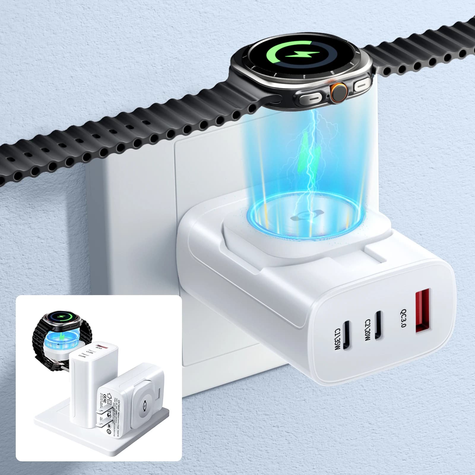 Oatsbasf Adattatore per caricabatterie wireless per orologio magnetico a ricarica rapida 4 in 1 da 45 W per Apple / Orologio Samsung Adattatore di alimentazione spina US UK EU