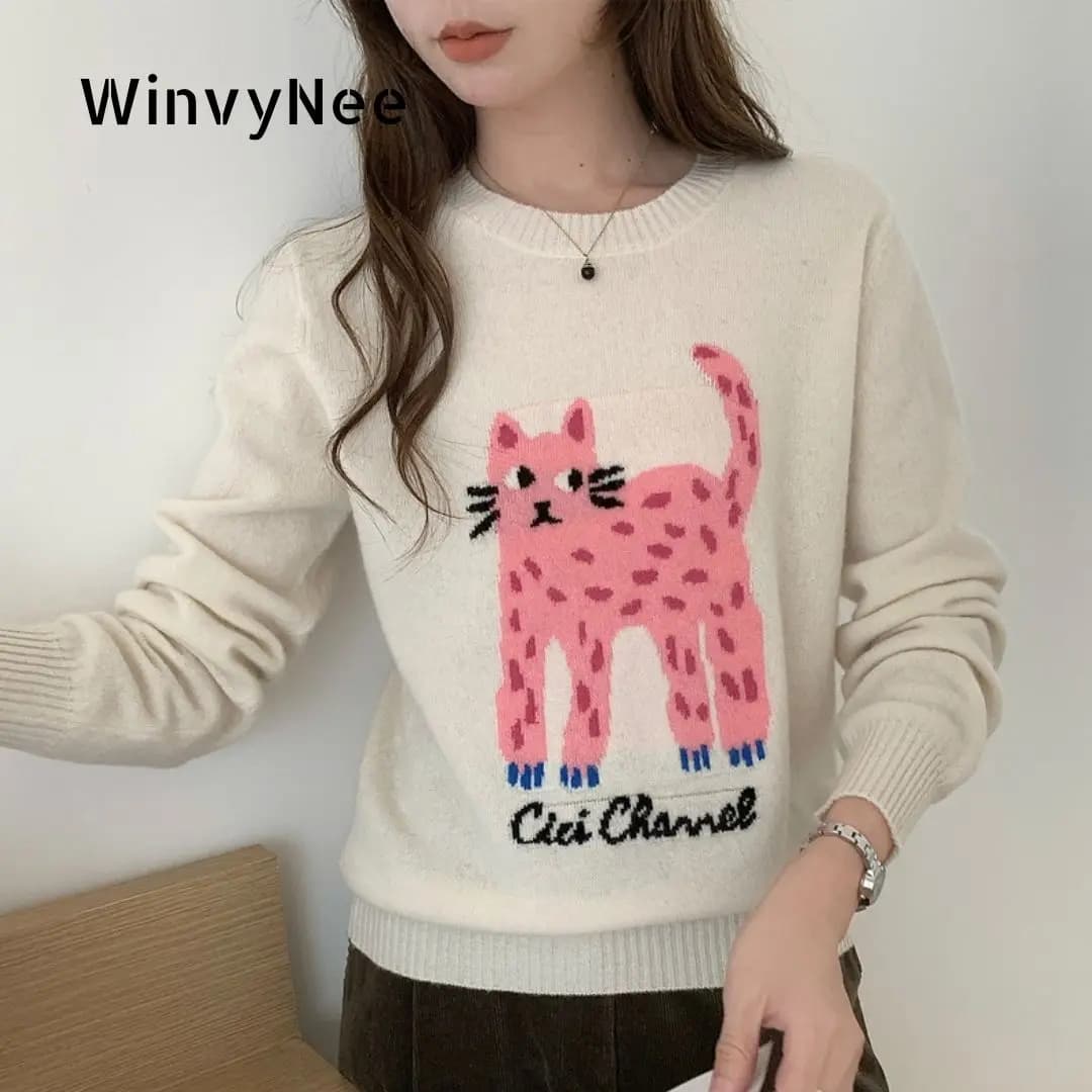 WinvyNee Abbigliamento donna Lana merino Manica lunga Allentato O-Collo Modello gatto Casual Pullover lavorato a maglia Top Caldo inverno A1523050
