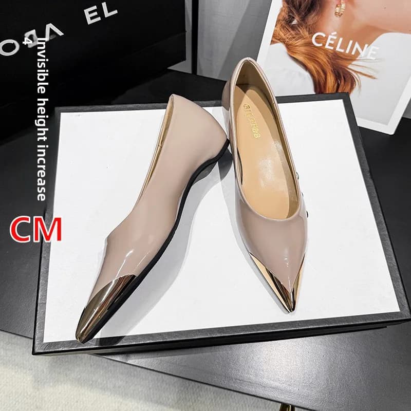 Scarpe da Donna alla Moda con Punta in Metallo, Scarpe Singole con Tacco Interno di 4cm, Mocassini in Pelle Verniciata