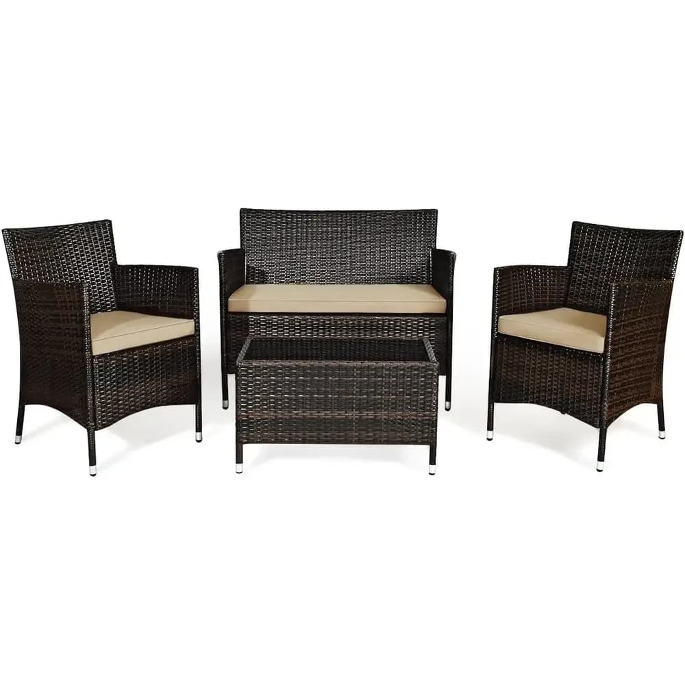 4-Piece Outdoor Rattan Patio Furniture Set with Cushioned Chairs and Coffee Table for Backyard, Balcony, Porch, or Poolside, Bro