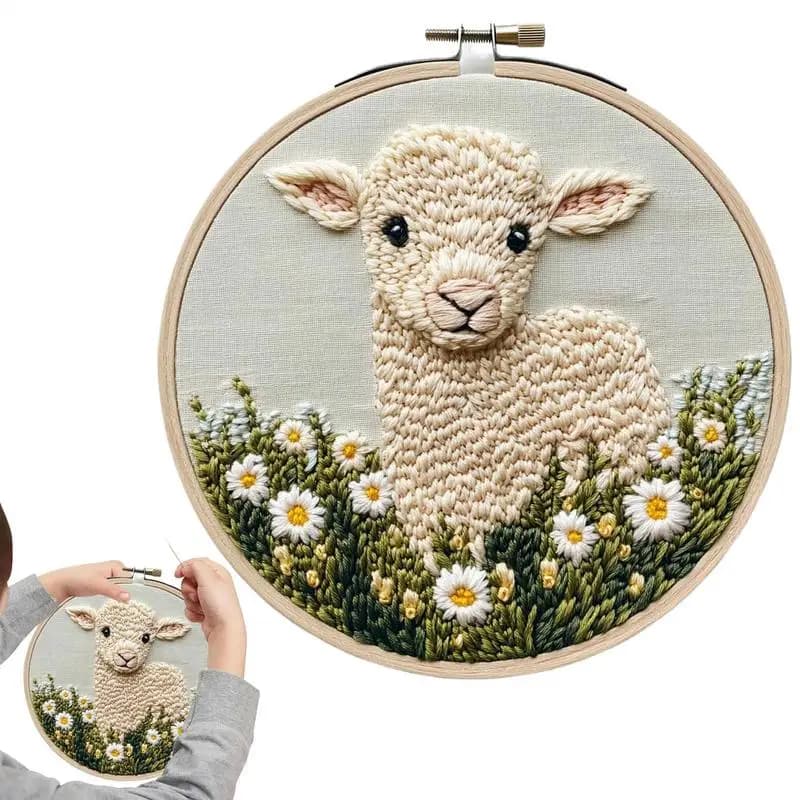 Punch Needle Kit Stitching Embroidery Kit Sheep Pattern Arts And Crafts With Threader Instruction Fabric Hoop Yarn Crafting