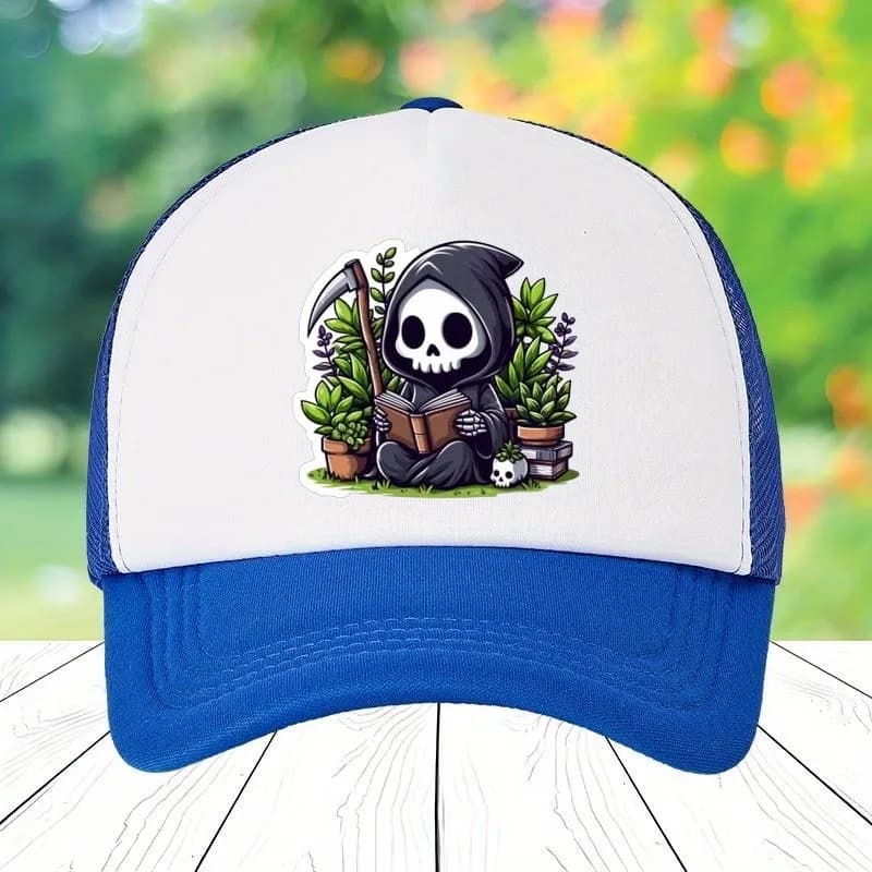 Cute Reaper Reading a Book Baseball Cap - Adjustable Lightweight 100% Polyester Hat with Whimsical Garden Design