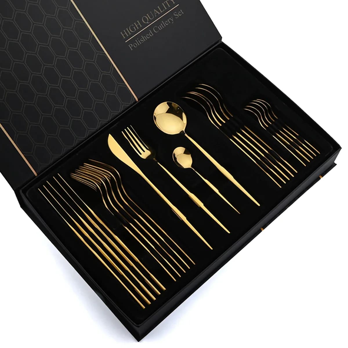 Set di posate in oro 24 pezzi Set di posate in acciaio inossidabile-cucchiaio di coltello da bistecca per cibo occidentale di lusso lucidato a specchio adatto