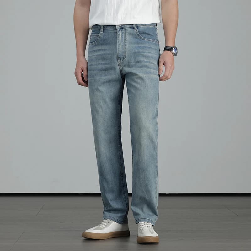 Jeans in Seta di Gelso da Uomo a Vita Alta, Gamba Dritta Larga, in Denim Rinfrescante, Deodorante e Leggero, Pantaloni Estivi
