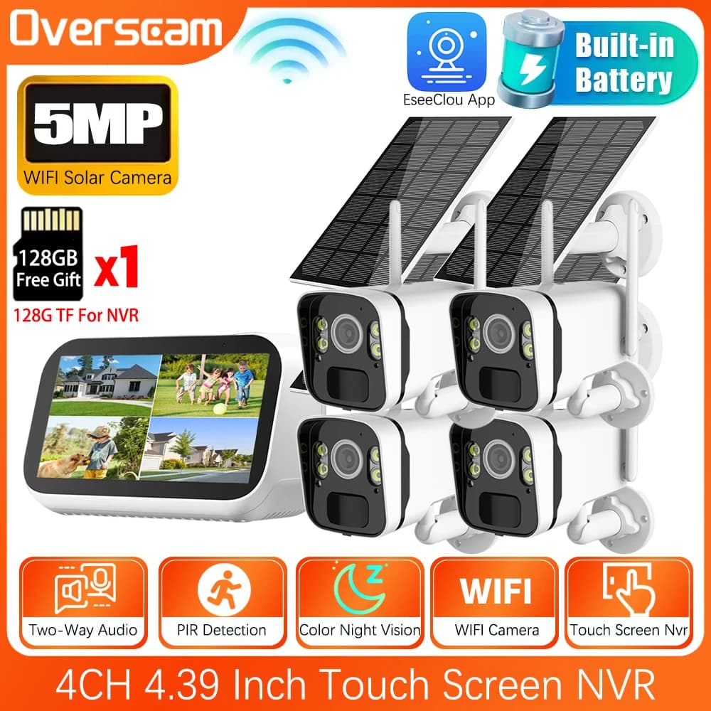 4CH Schermo da 4,39 pollici NVR Batteria da 5 MP Kit sistema di telecamere IP bullet solare Set di telecamere di sicurezza solari WiFi esterno