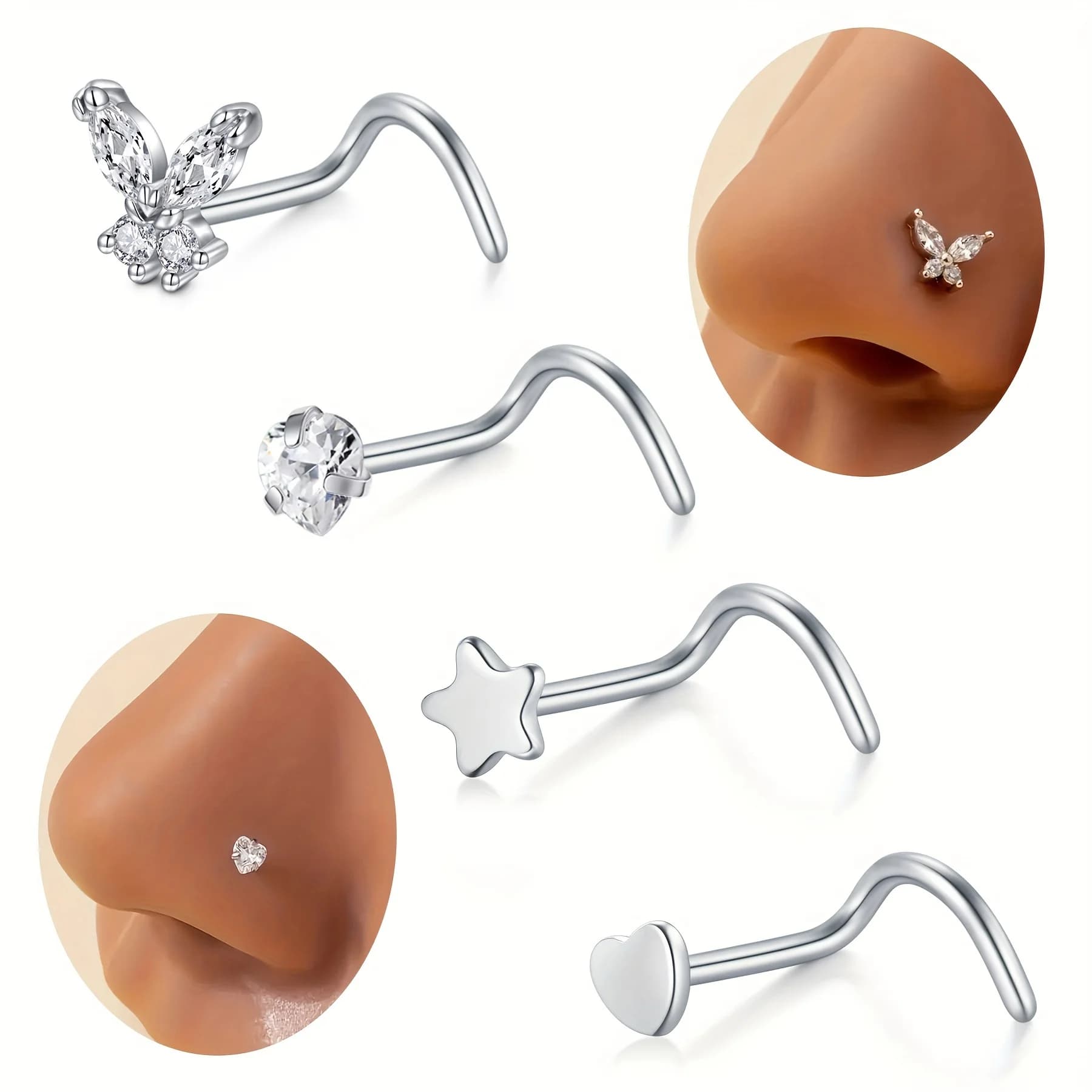 Stainless Steel 4pcs Nose Stud - Screw Nose Rings, Butterfly Love Star Body Piercing Jewelry