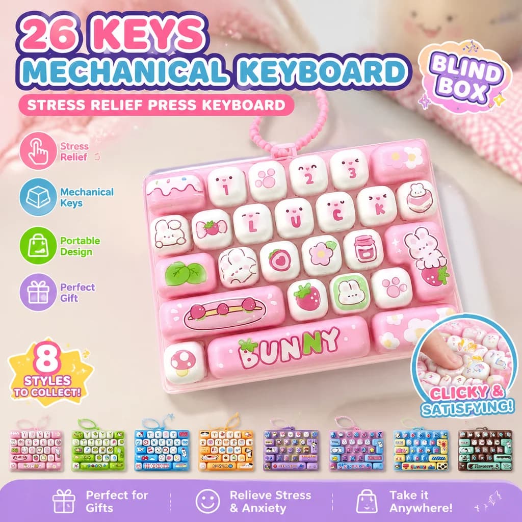 Stress reducing 26 key mini mechanical keyboard fingertip press creative toy backpack cute pendant, suitable as a holiday gift