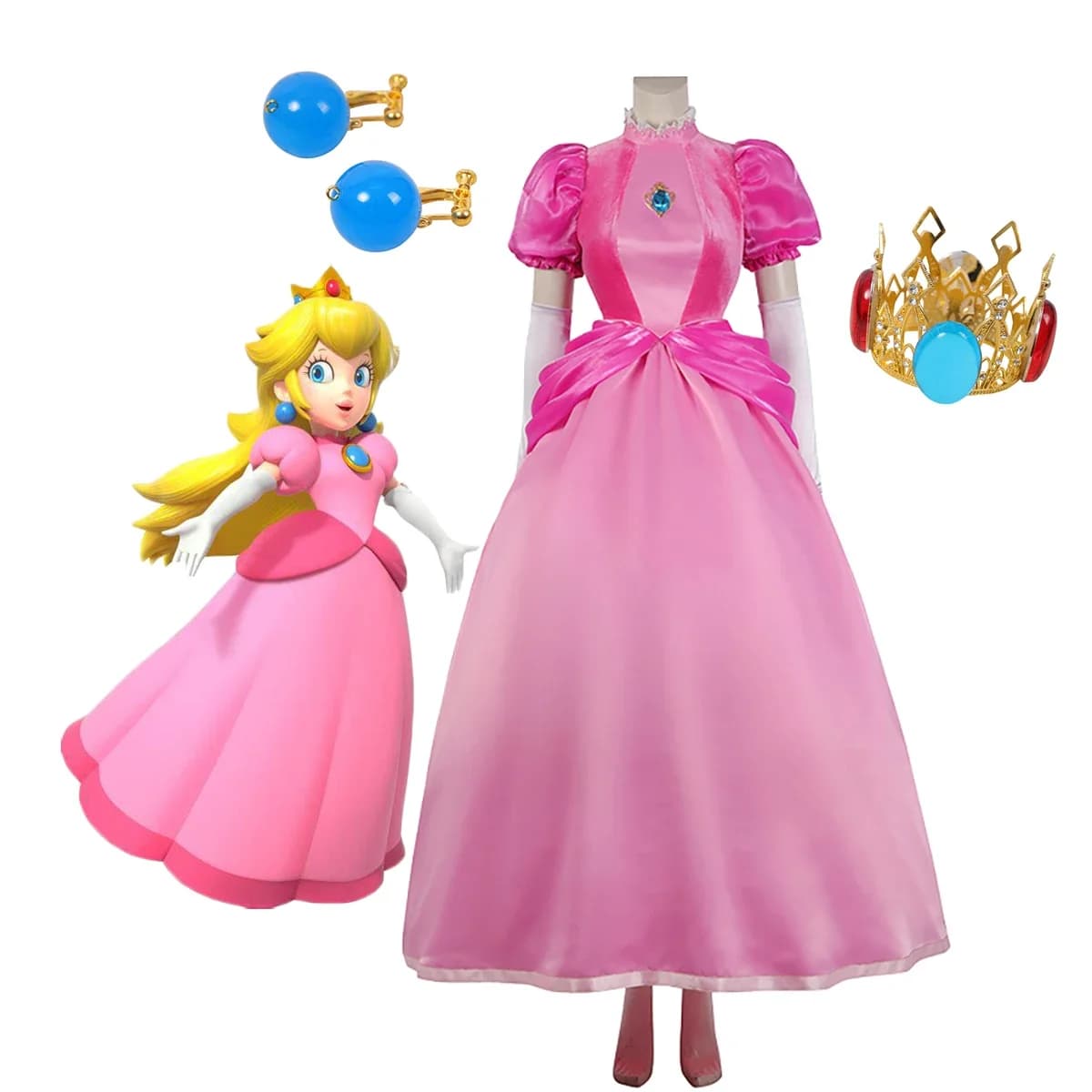 Princess Peach Toadstool Cosplay Costume Pink Dress Full Set Cosplay for Halloween