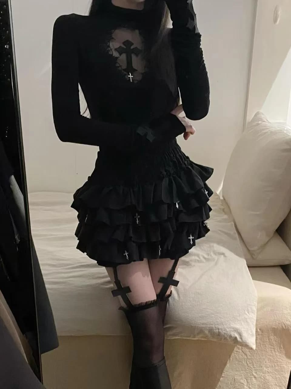 Gothic Cross Hollow out Slim Fit High Collar Base Shirt Women's Puffy Skirt Fashion Set Breathable Polyester Fiber T-Shirt