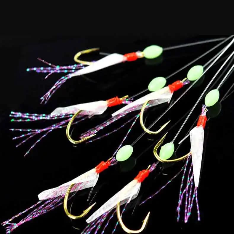 5 ganci Sabiki Rigs Esche da pesca in acqua salata Impianti esca Vera pelle di pesce Gancio per corda Sgombro Glow in The Dark Flash Sabiki Rigs