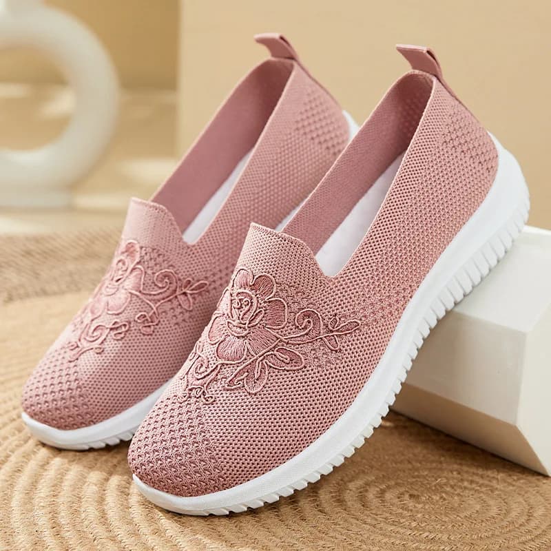 Flower Embroidery Knit Mesh Slip On Shoes Women Breathable Non Slip Soft Sole Daily Comfort Walking Casual Sneakers