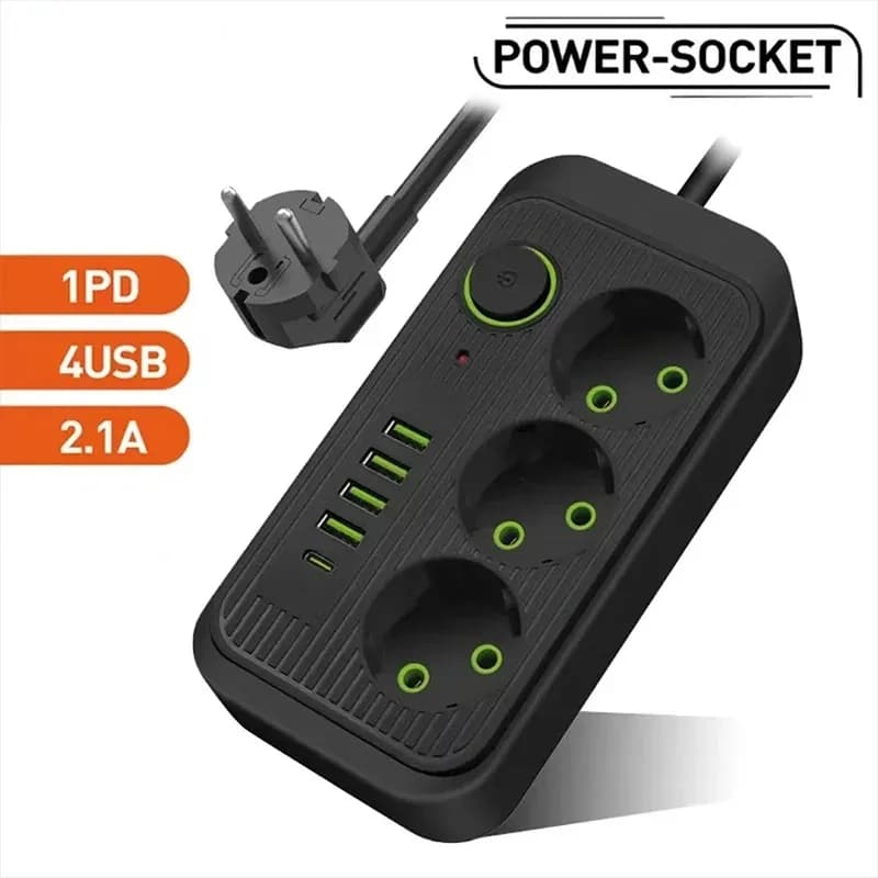 Intelligent Multiply with EU Plug, Quick Charging PD Type C, 2M Extension Cable, AC socket, Network Filter