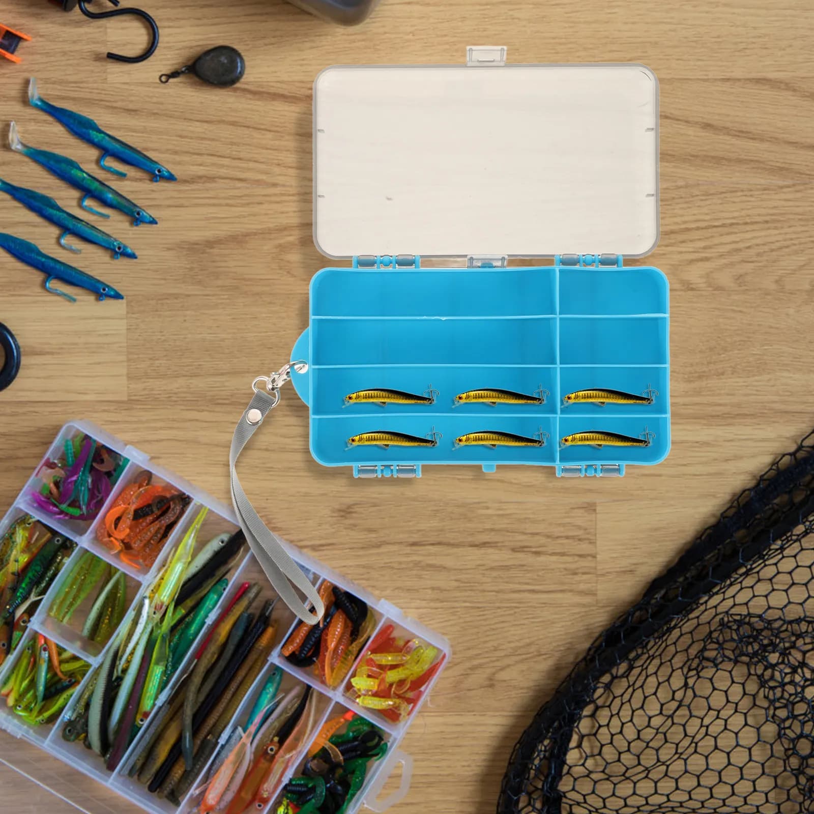 Scatola Porta Esche Multifunzionale a Doppio Lato in Plastica, Organizzatore per Attrezzatura da Pesca con Scomparti Multipli, Contenitore Trasparente per Esche
