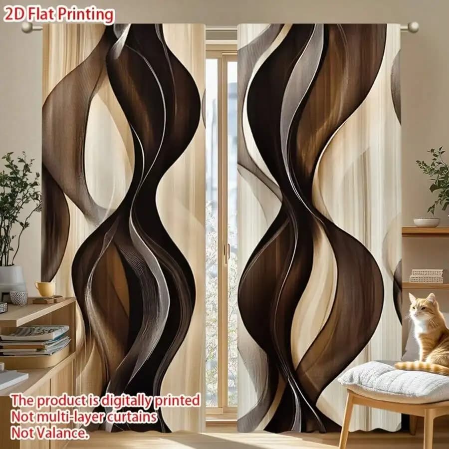 2D Flat Printed Geometric Brown Art Curtains Set Of 2 Semi Blackout Rod Pocket Style