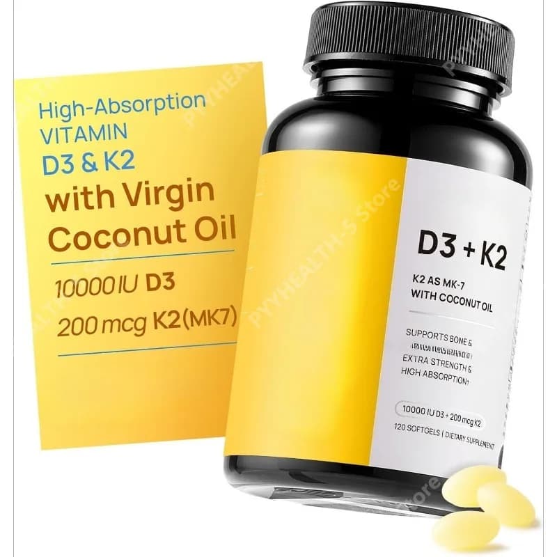 Vitamina D3 10000 UI + K2 con Olio di Cocco Vergine, Integratore Vitaminico in Capsule Morbide per il Supporto di Ossa e Sistema Immunitario, Facile da Deglutire, 120 Capsule Morbide