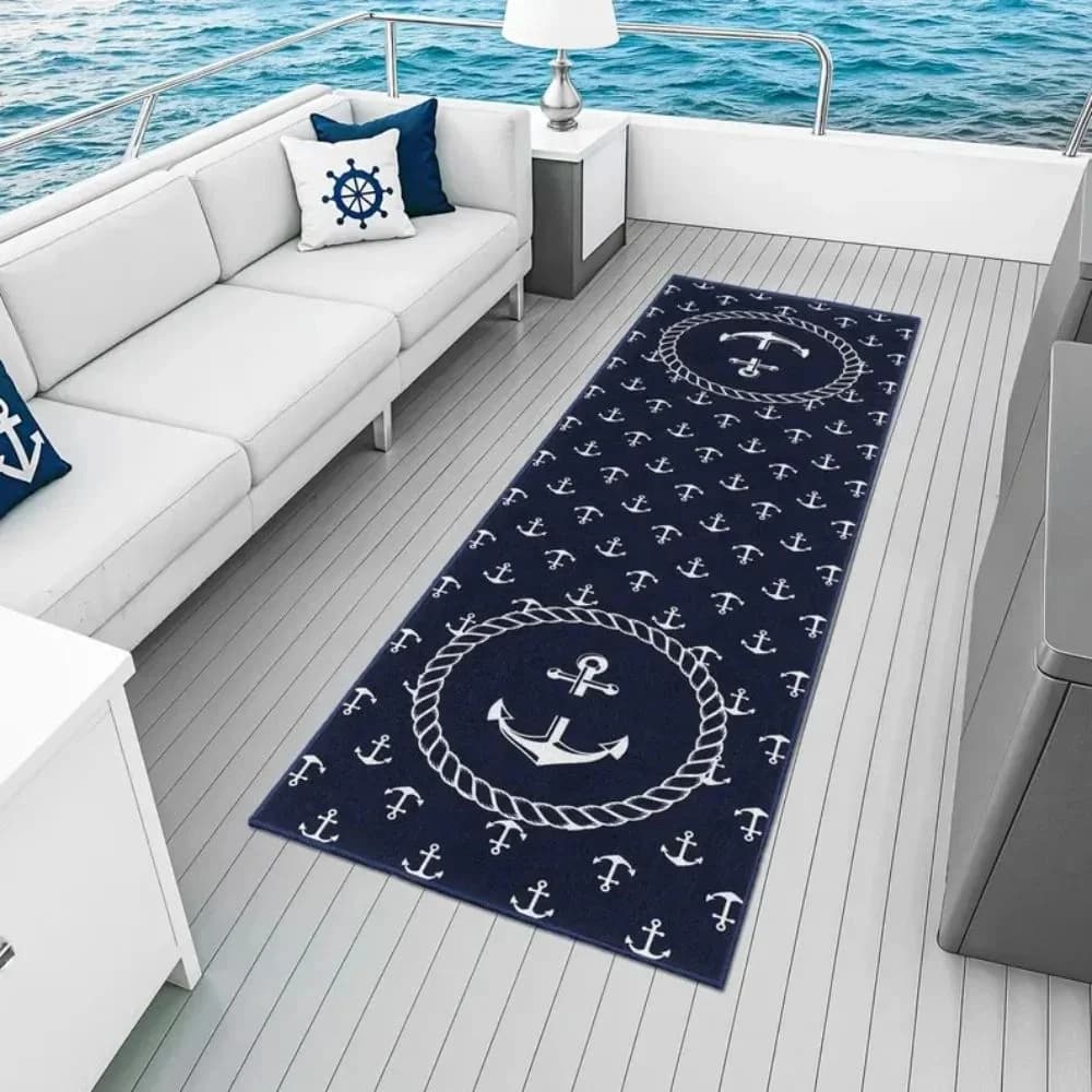 Tappeto Runner Nautico VIKAMA con Ancora, Antiscivolo e Lavabile, per Patio, Barca, Balcone, Arredamento Casa