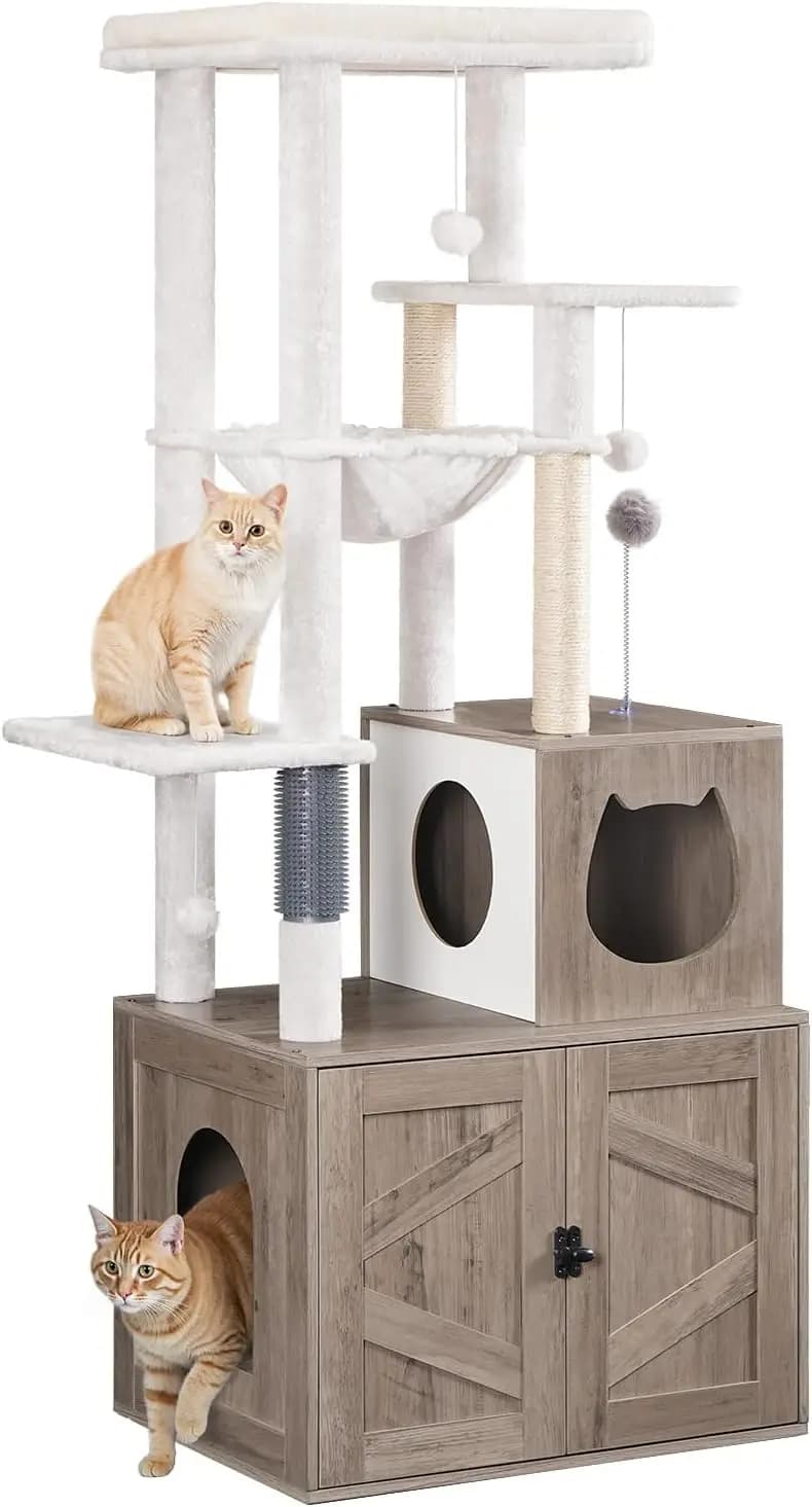 Cuccia per Gatti da Interno, in Legno, Grigio e Bianco, Confortevole e Moderna con Lettiera Nascosta Integrata