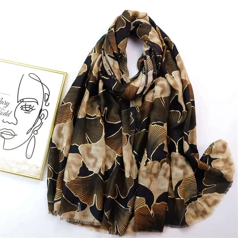 2022 autunno donna sciarpa di viscosa Lurex oro Ginkgo frangia floreale scialli e impacchi Hijab Foulard Echarpe musulmano Sjaal 180*90Cm