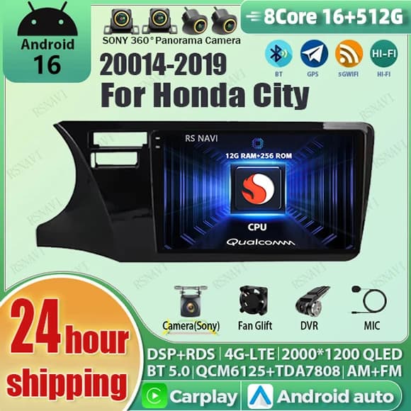 Android 15 Carplay Auto Autoradio Lettore Multimediale Per Honda Fit City 2014 - 2017 Qualcomm Snapdragon Wifi + 4G GPS WIFI 2K QLED