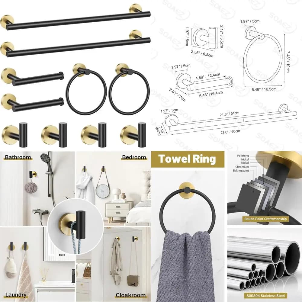 Set di accessori per il bagno da 10 pezzi in nero e oro: 23,6 portasciugamani, anello, gancio, porta carta igienica e altri accessori