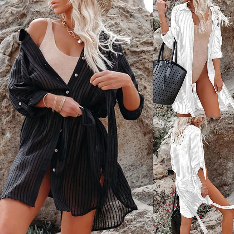 Moda Vacanza al mare Copri costume da bagno da donna Cintura Camicia Abito Protezione solare Abbigliamento da spiaggia da donna Copri costume da bagno bikini Cardigan Beach robe women Cover-up beach woman copri costumi