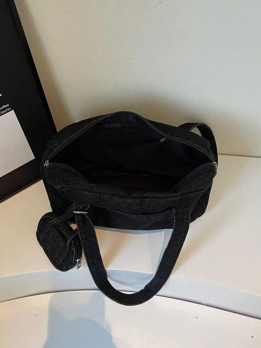 2pcs Casual Solid Color Large Capacity Jeans Shoulder Bags With Hanging Wallet, Fashionable And Simple Commuter Underarm Bags,