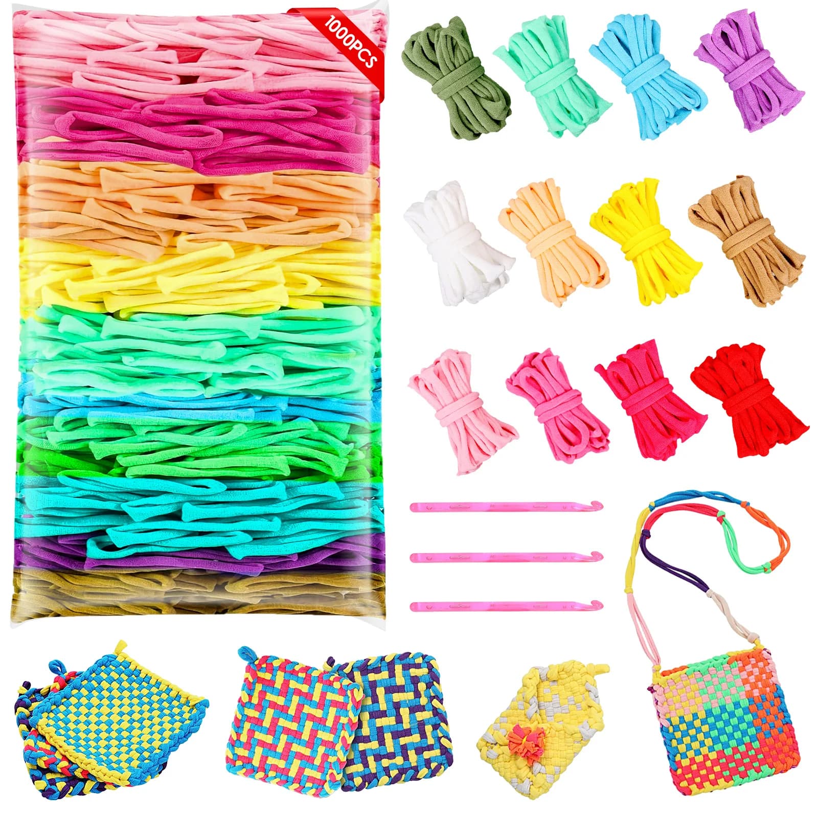 Set di 1000 Pezzi di Fili Elastici per Tessitura, 12 Colori, con 3 Uncinetti per Lavori Fai-da-Te per Bambini e Adulti
