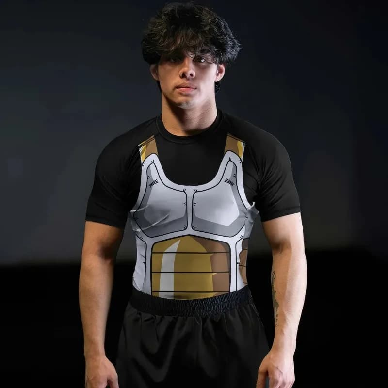 Maglietta a Compressione da Uomo Dragon Ball Vegeta, Stampa Armatura Saiyan Bianca e Nera, Asciugatura Rapida, Manica Corta, Rash Guard per Allenamento in Palestra e MMA