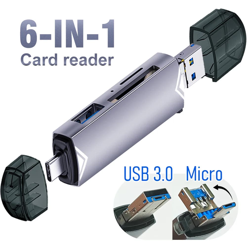 Lettore di schede OTG 6 in 1 USB 3.0, adattatore per scheda di memoria SD/TF, lettore USB C universale per telefono, laptop, fotocamera, PS4, auto