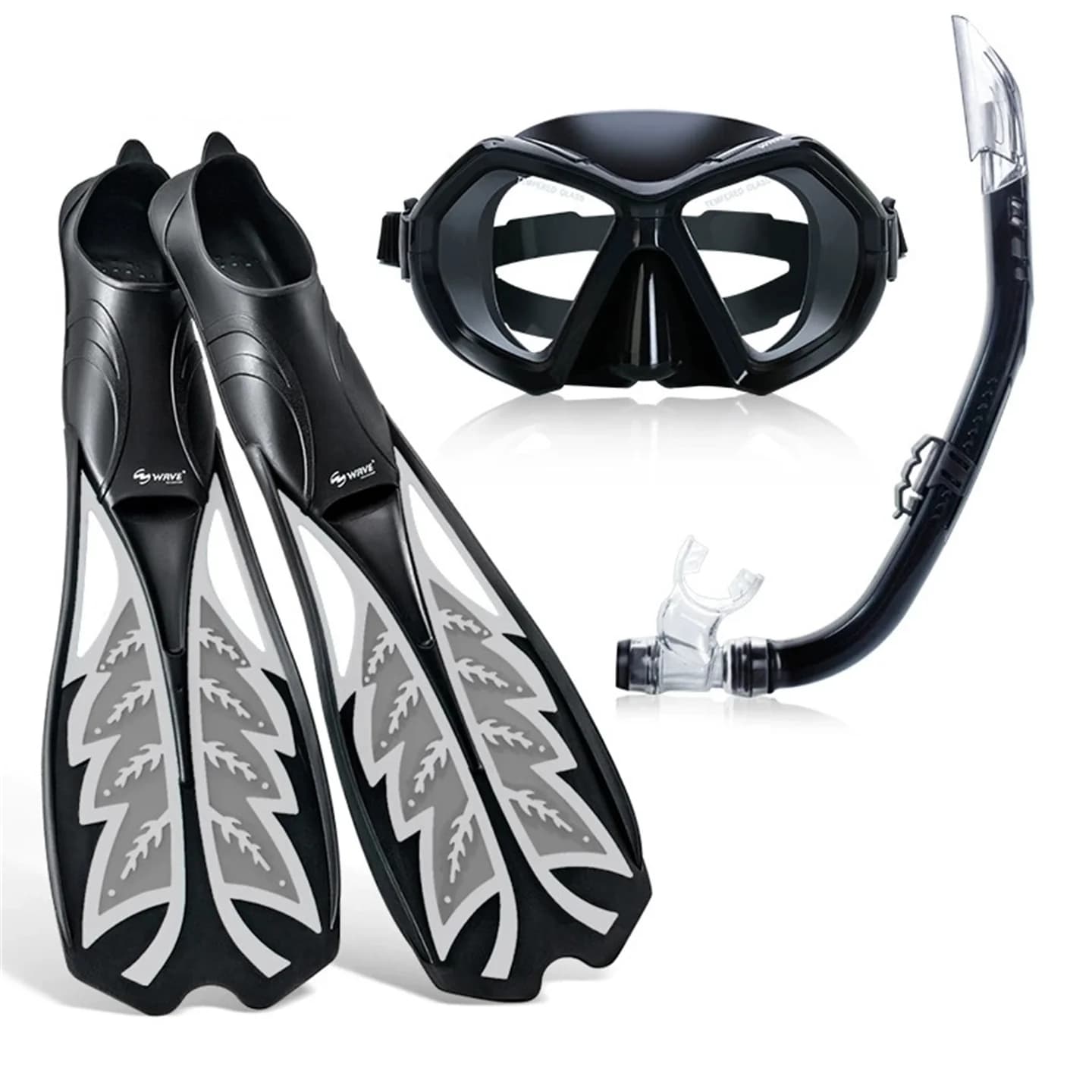 3 piece professional snorkeling set, apnea fins / adjustable diving glasses / breathing tube